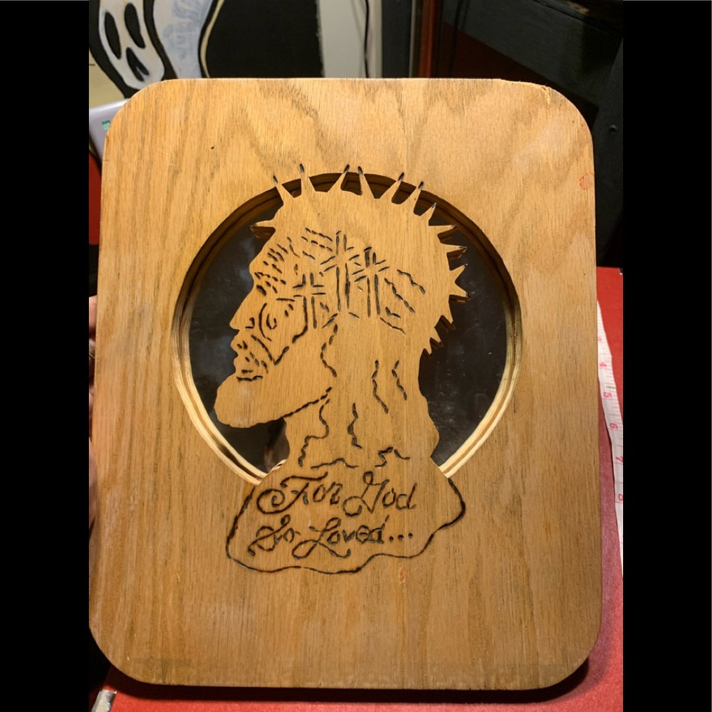 Jesus mirror and wood religious art piece